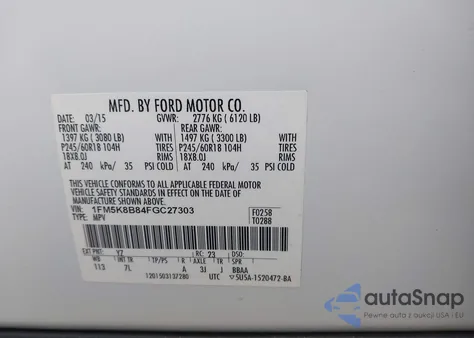 2015 Ford Explorer из США, поврежденный, VIN 1FM5K8B84FGC27303